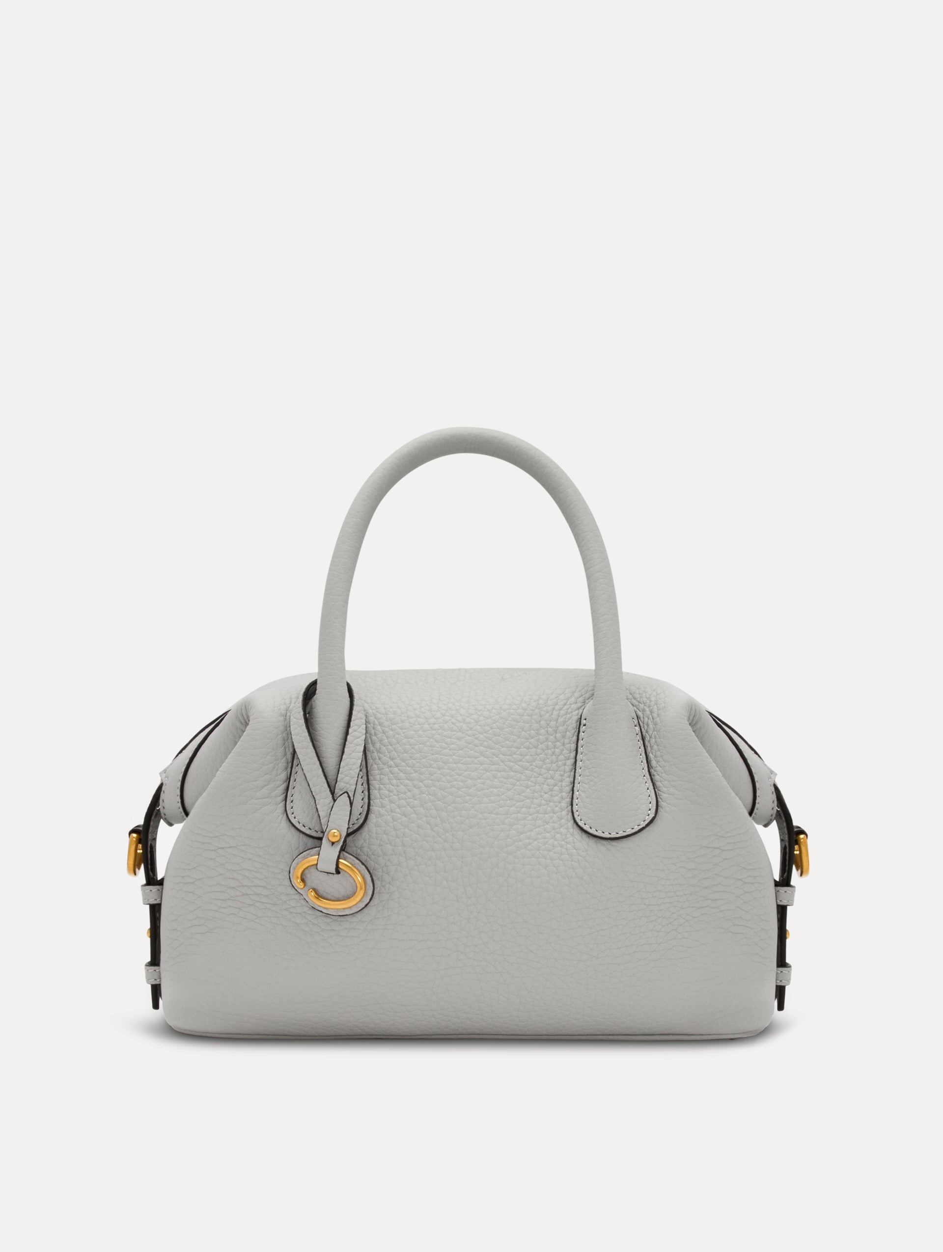 Pearl Grey Handbag, with Top Handle, Crossbody Strap, and Oscar logo around the Handle. Front View.