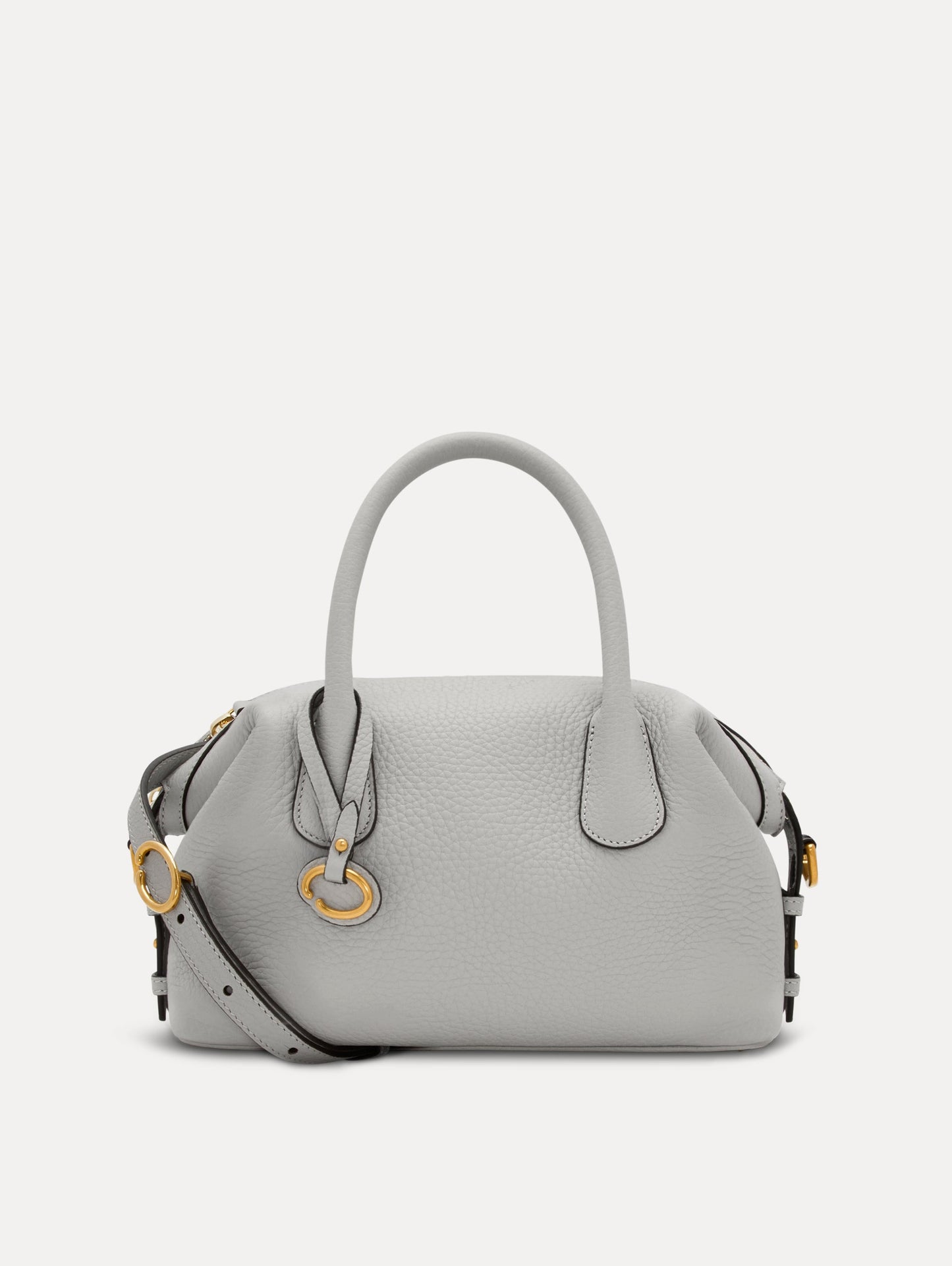 Pearl Grey Handbag, with Top Handle, Crossbody Strap, and Oscar logo around the Handle. Front View.