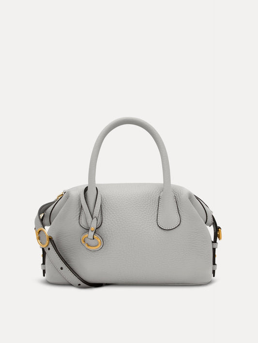Pearl Grey Handbag, with Top Handle, Crossbody Strap, and Oscar logo around the Handle. Front View.