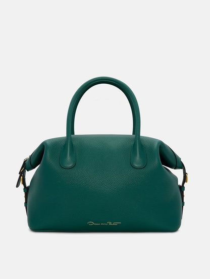 The Dahlia Handbag in Juniper Green with Top Handle. Adorned with Oscar de la Renta's signature Logo at the Bottom Center of the Bag. Front View