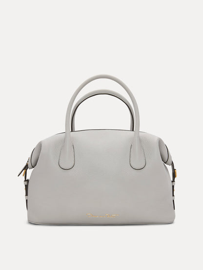 The Dahlia Leather Handbag in Pearl Grey with detachable Shoulder Strap and O logo tag Around the top handle. Back View