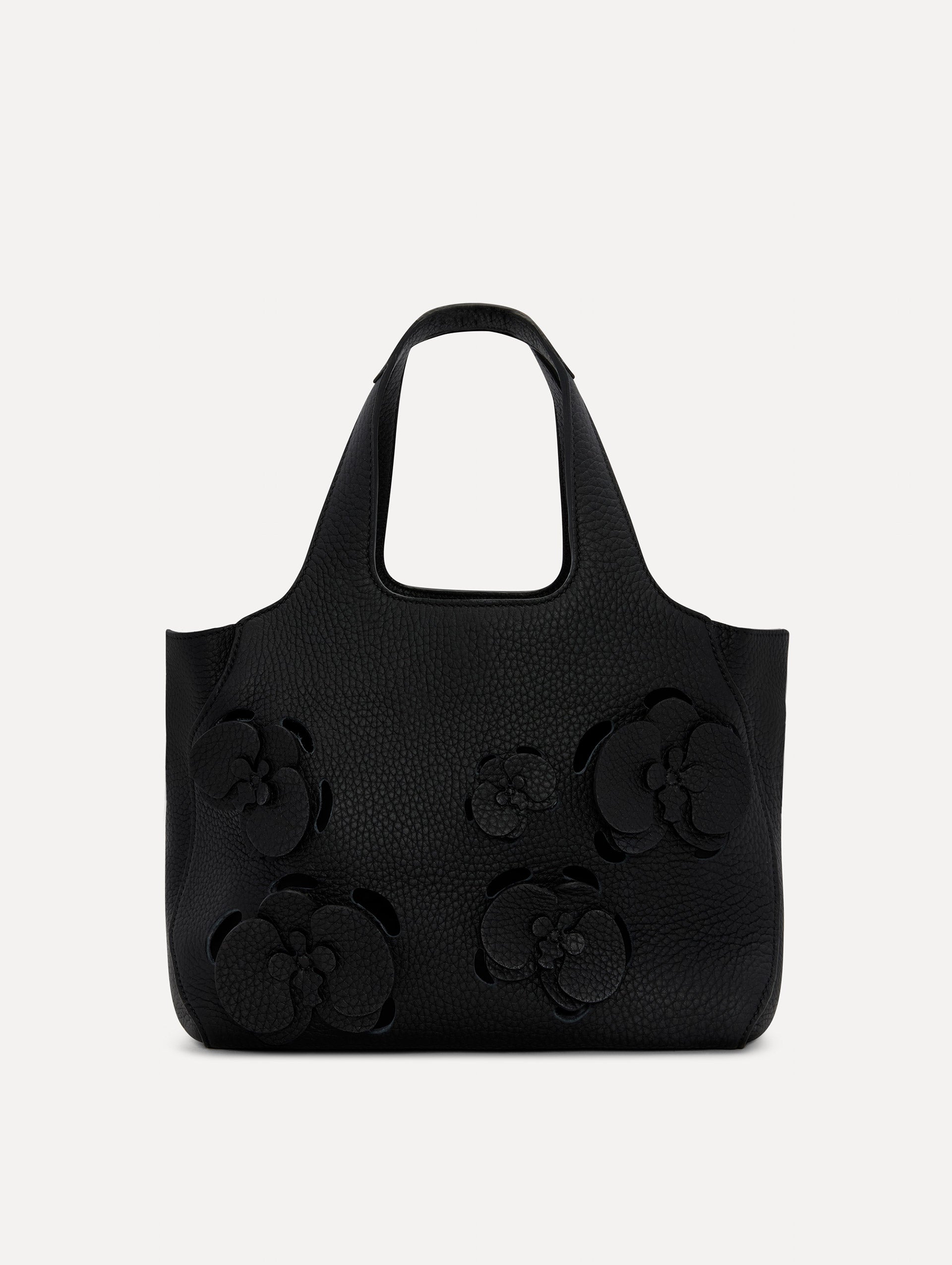 The Laser-Cut Mini Topaz Tote in Black Front View