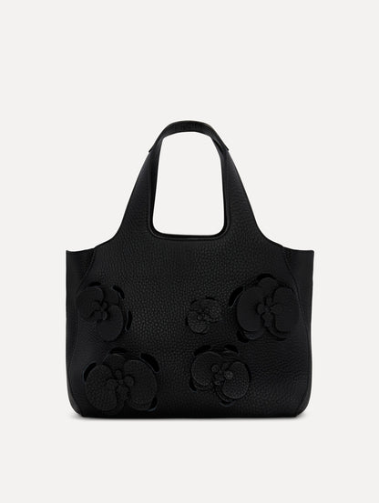 The Laser-Cut Mini Topaz Tote in Black Front View