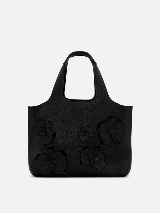 The Laser-Cut Mini Topaz Tote in Black Front View