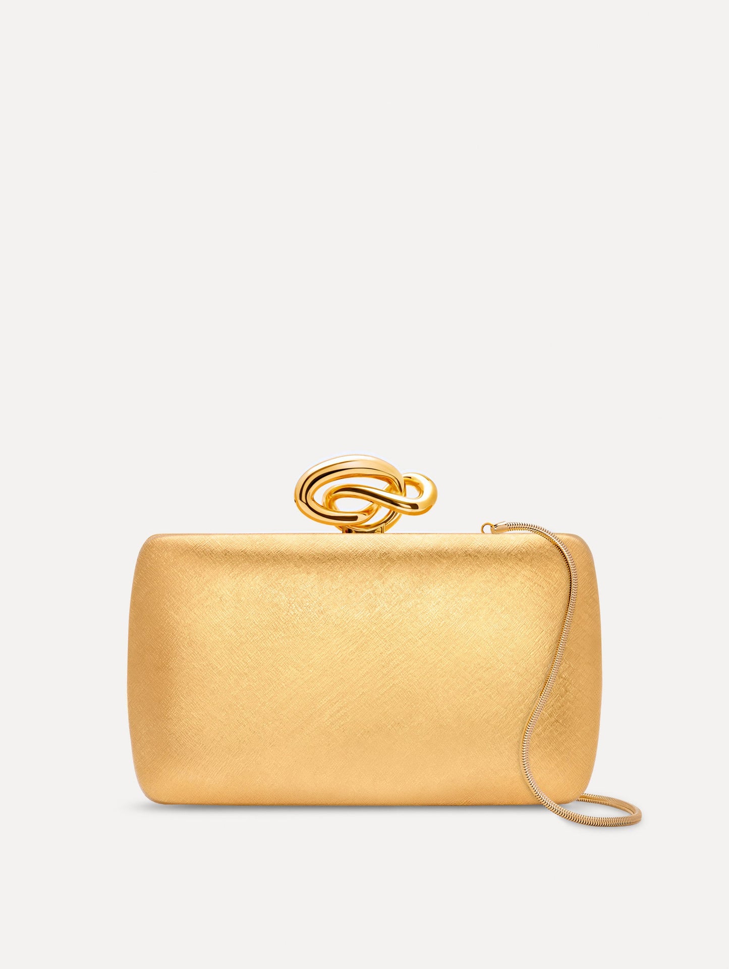The Knot Minaudière in Gold. Front View.