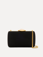 O Satin Minaudière clutch in Black. Front View.