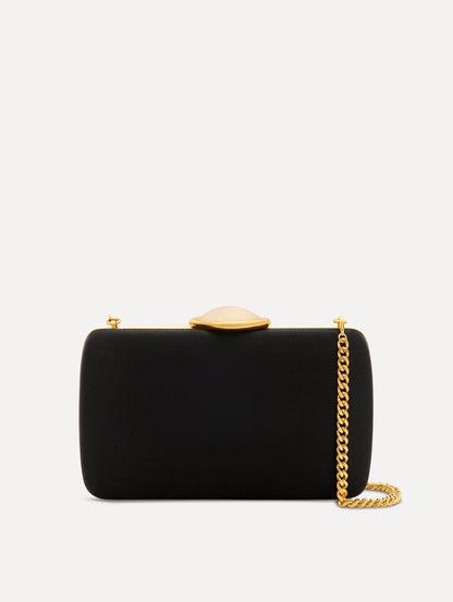 O Satin Minaudière clutch in Black. Front View.