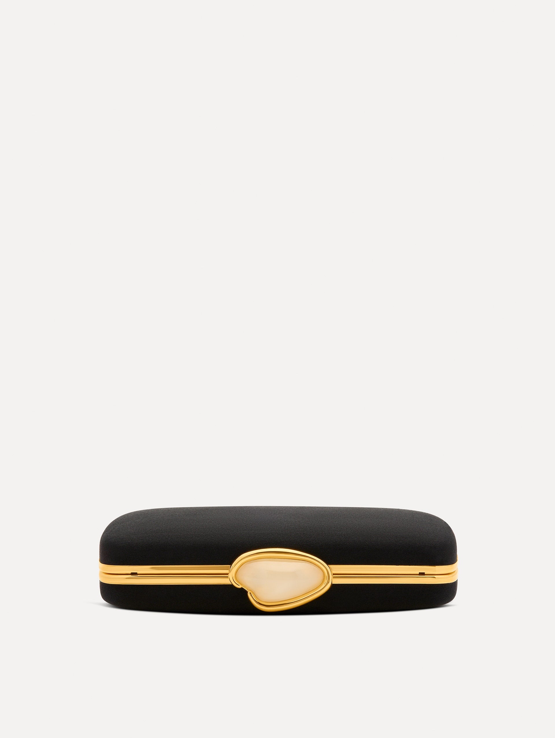 O Satin Minaudière clutch in Black. Side View.