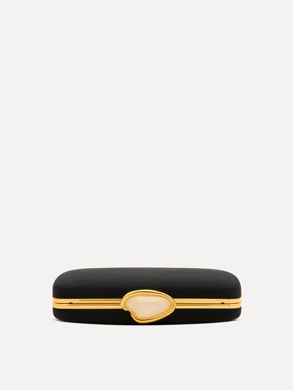 O Satin Minaudière clutch in Black. Side View.