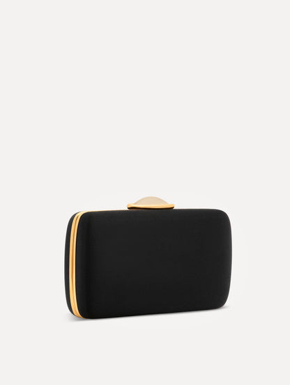 O Satin Minaudière clutch in Black. Side View.