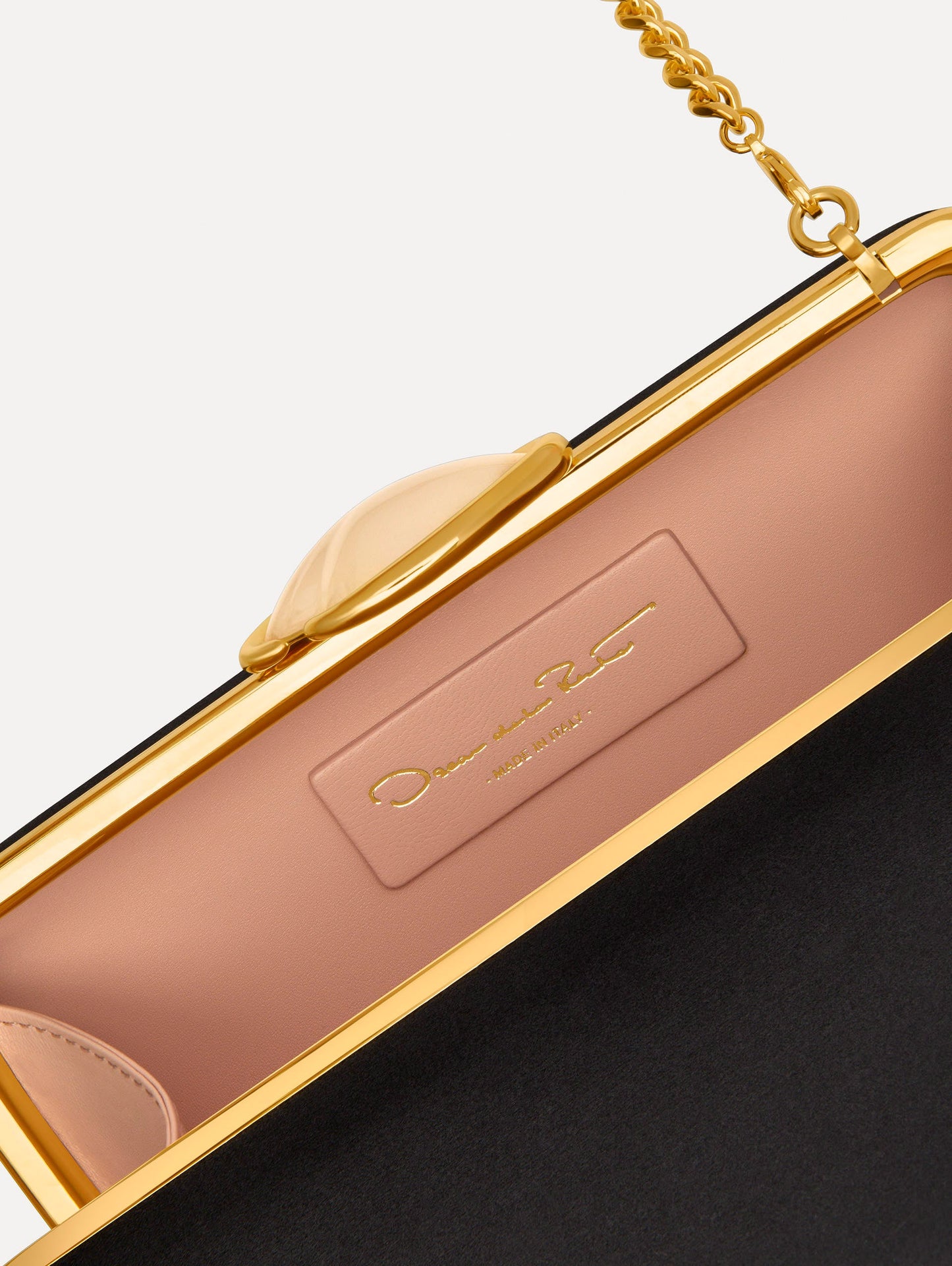 O Satin Minaudière clutch in Black. Zoom View.
