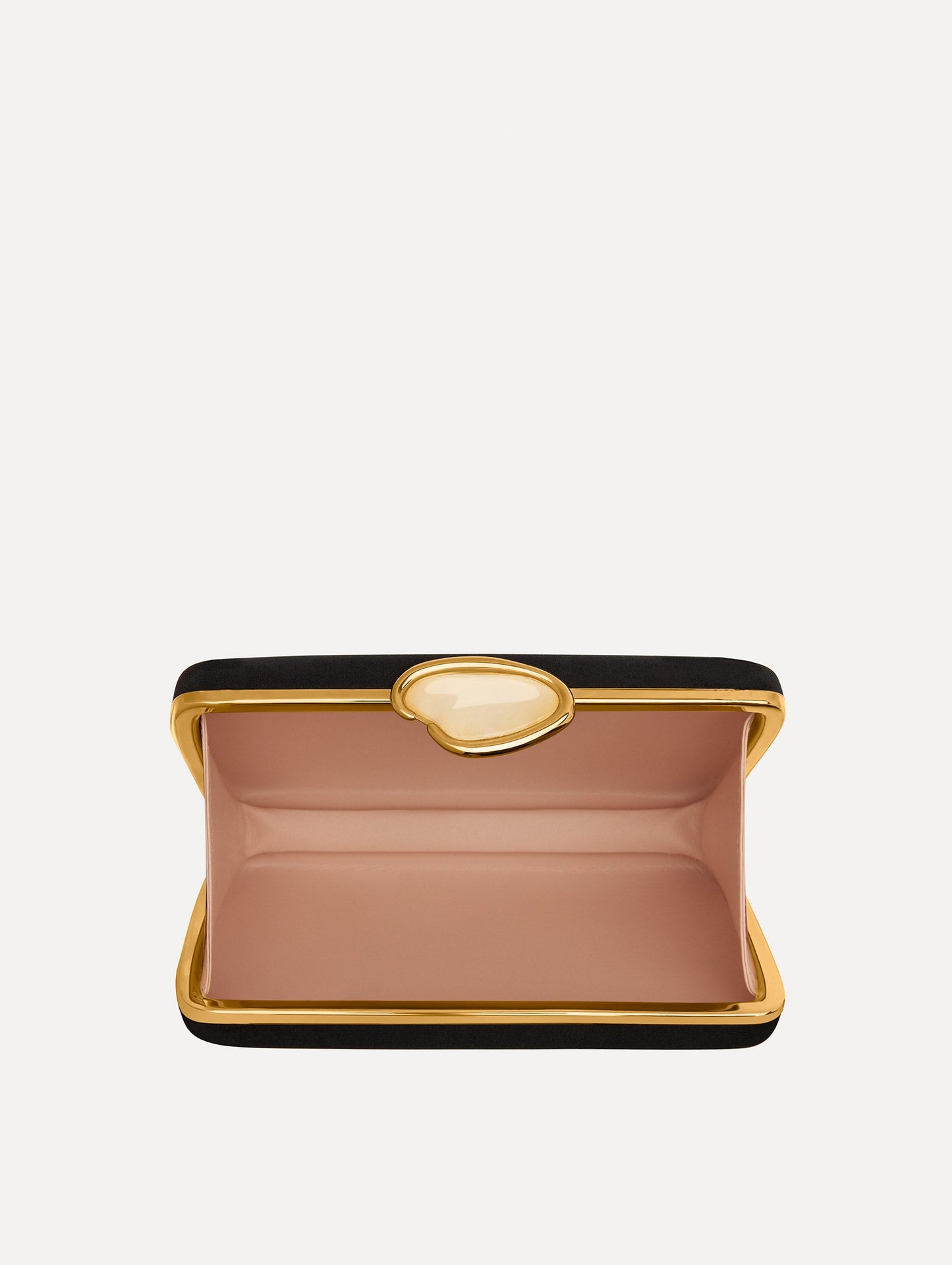 O Satin Minaudière clutch in Black. Inside View.