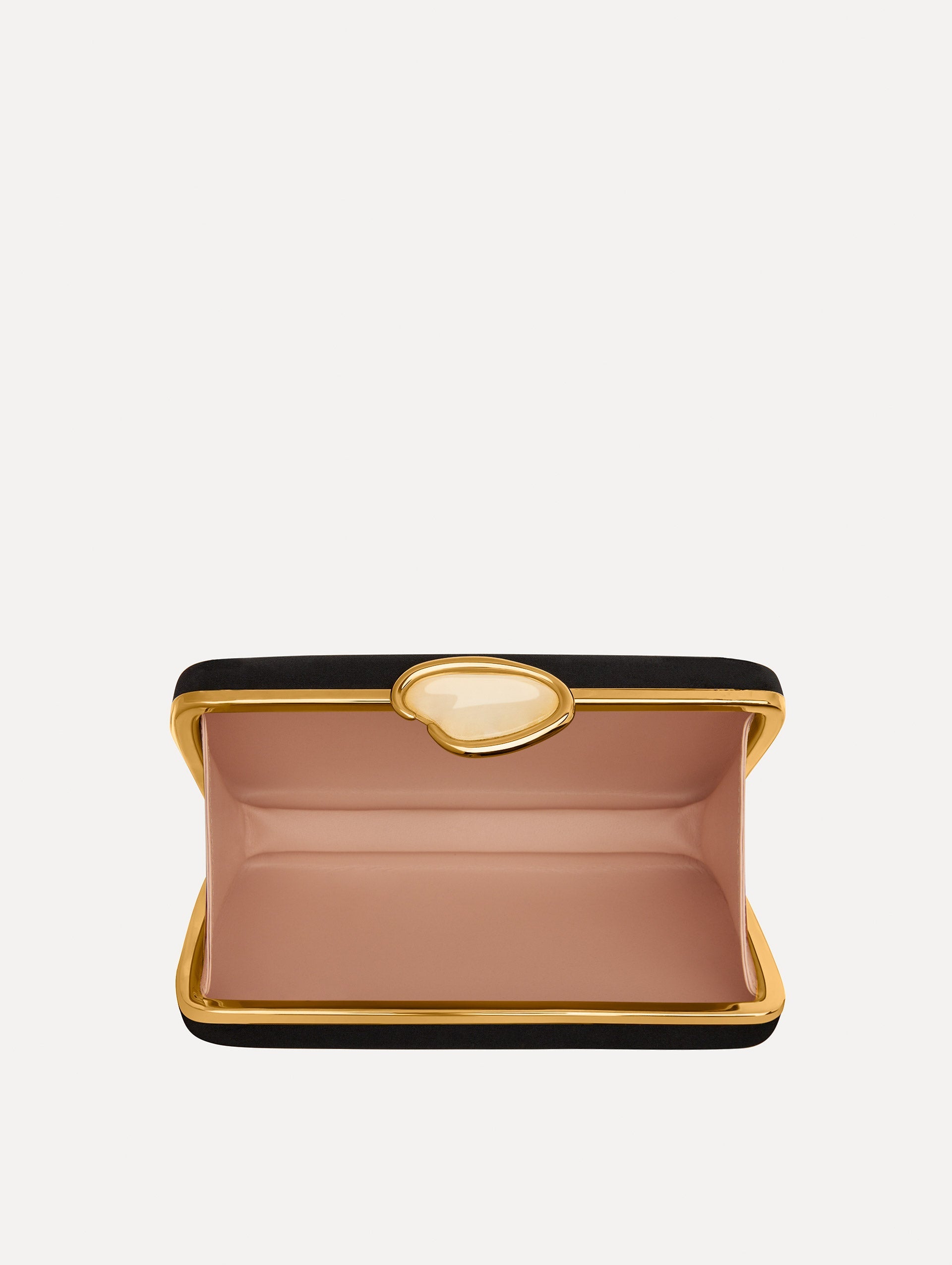 O Satin Minaudière clutch in Black. Inside View.