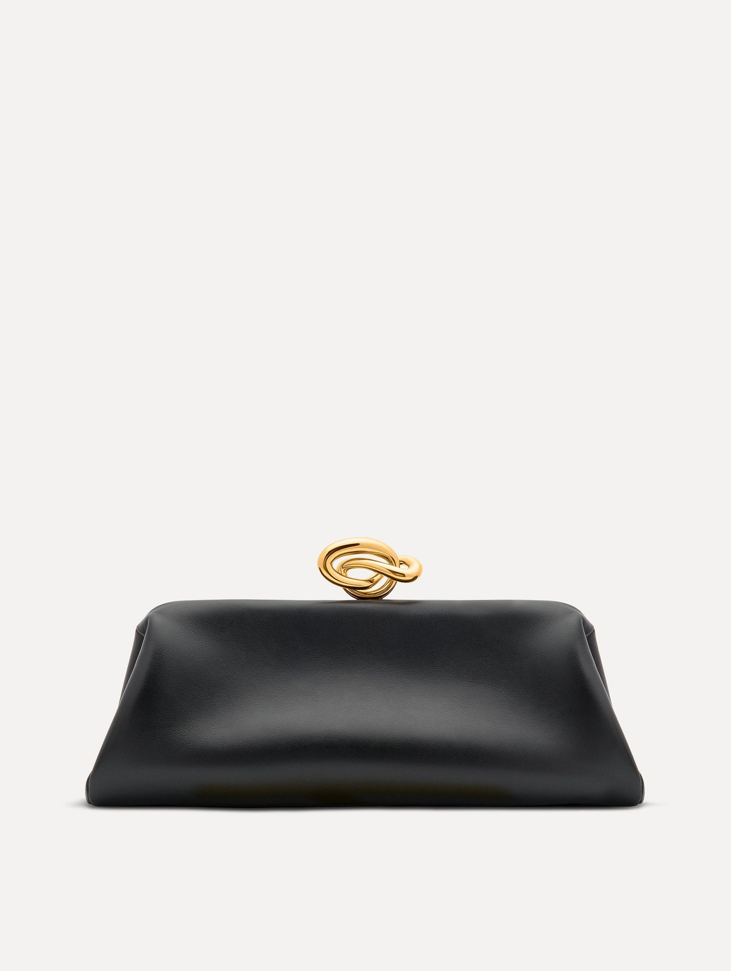 Black clutch with gold 'O' emblem on the clasp.
