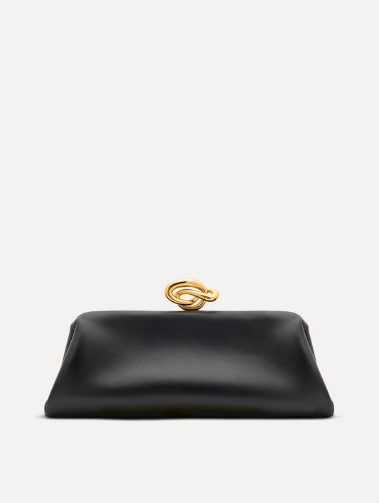Black clutch with gold 'O' emblem on the clasp.