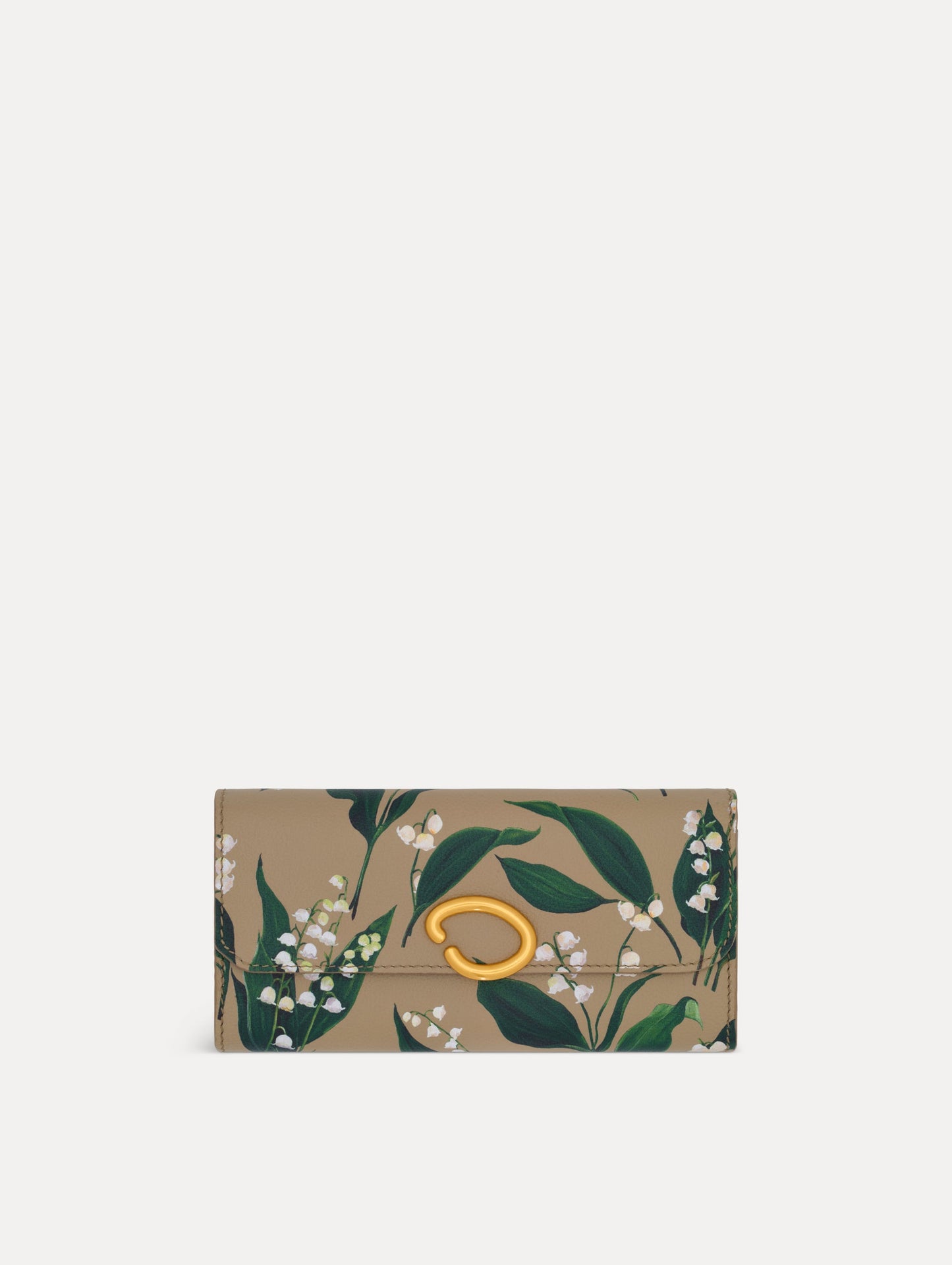 Beige Lily of the Valley-Printed Continental Wallet with green and white floral motifs and a gold O motif Clasp. Front View.