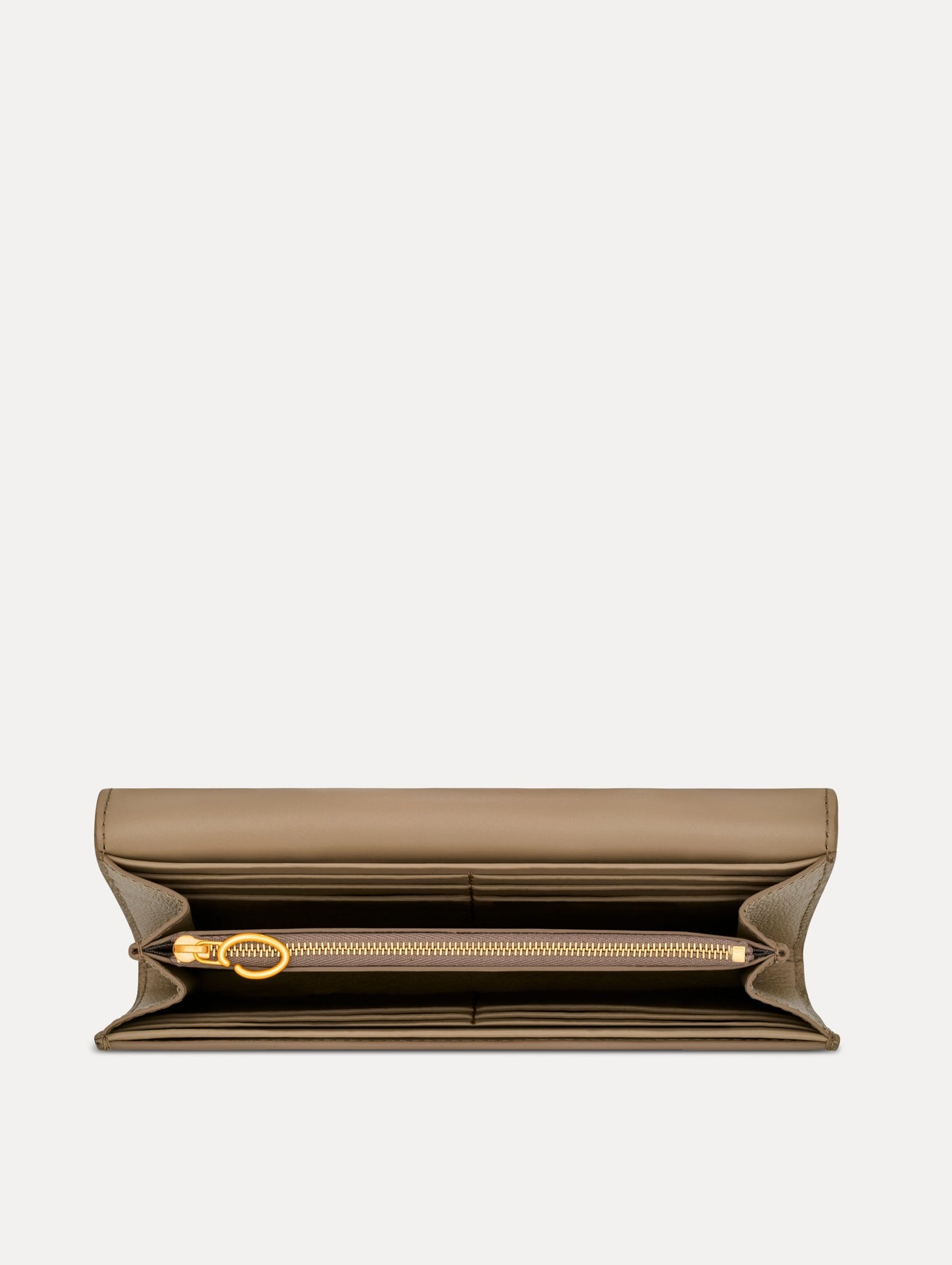 Beige Lily of the Valley-Printed Continental Wallet with green and white floral motifs and a gold O motif Clasp. Zoom View.