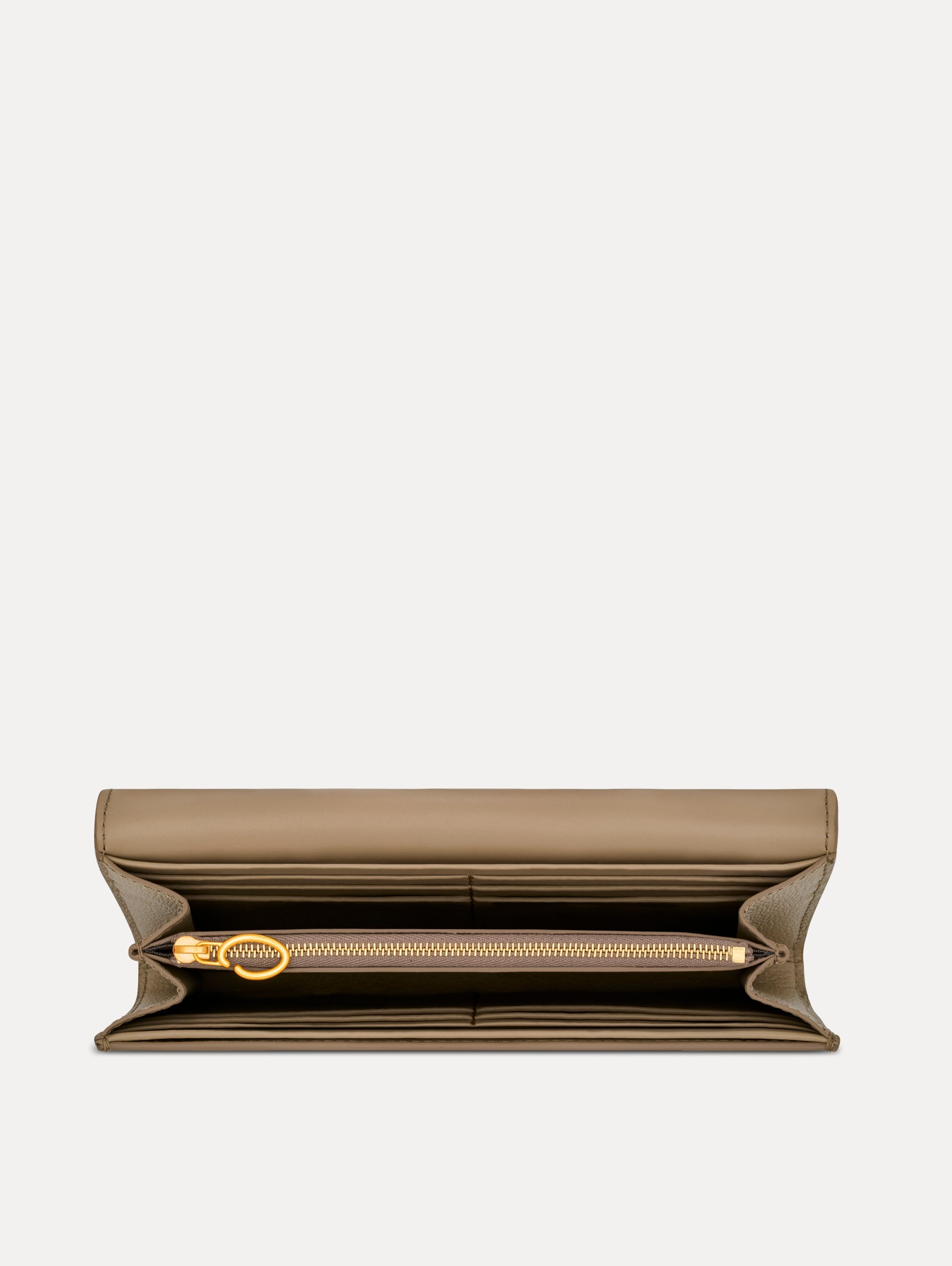 Beige Lily of the Valley-Printed Continental Wallet with green and white floral motifs and a gold O motif Clasp. Zoom View.