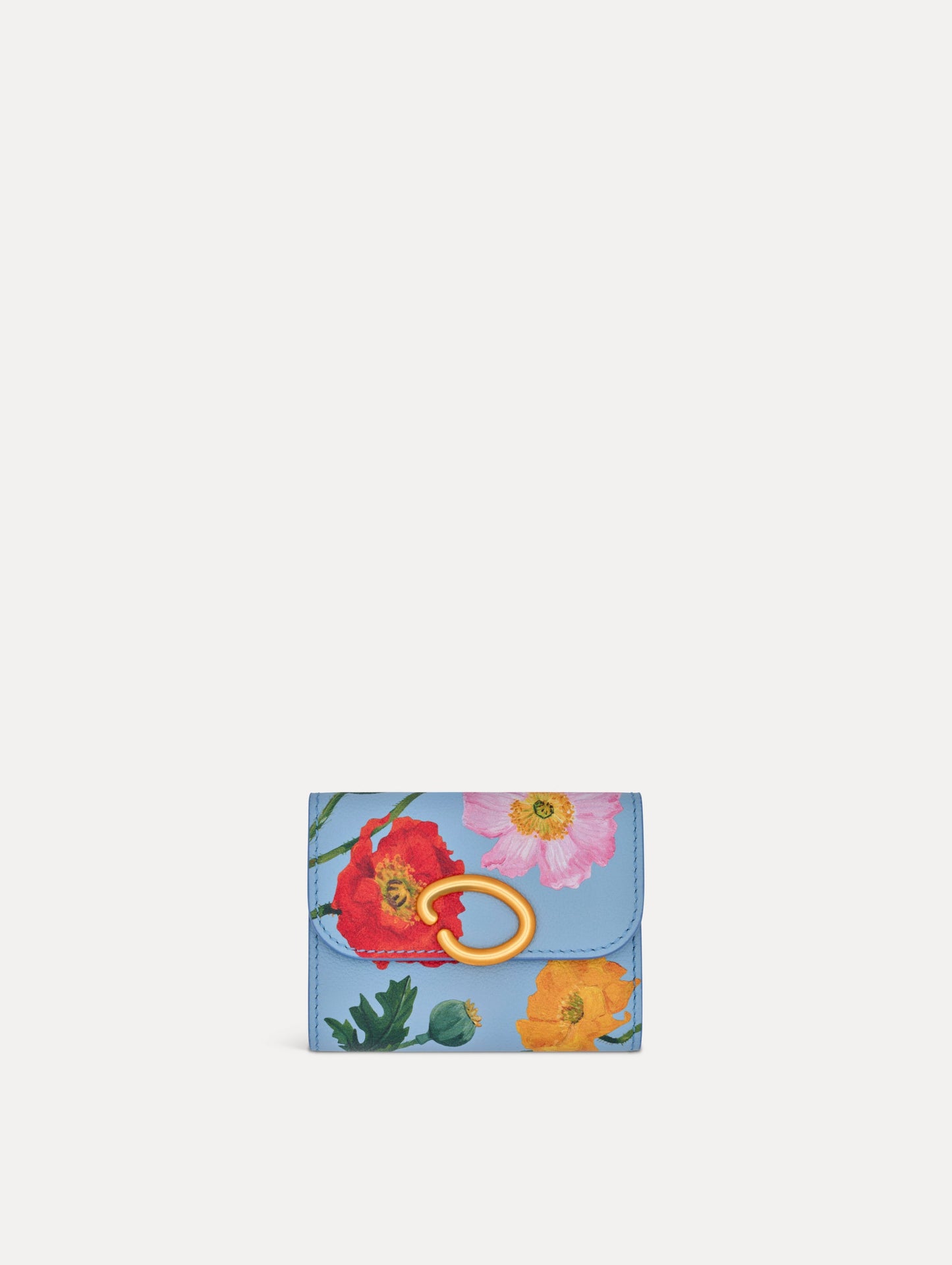 Blue Poppy Printed Tri-Fold Wallet featuring a gold O motif clasp and pink, red, and orange floral poppy motifs. Front View.