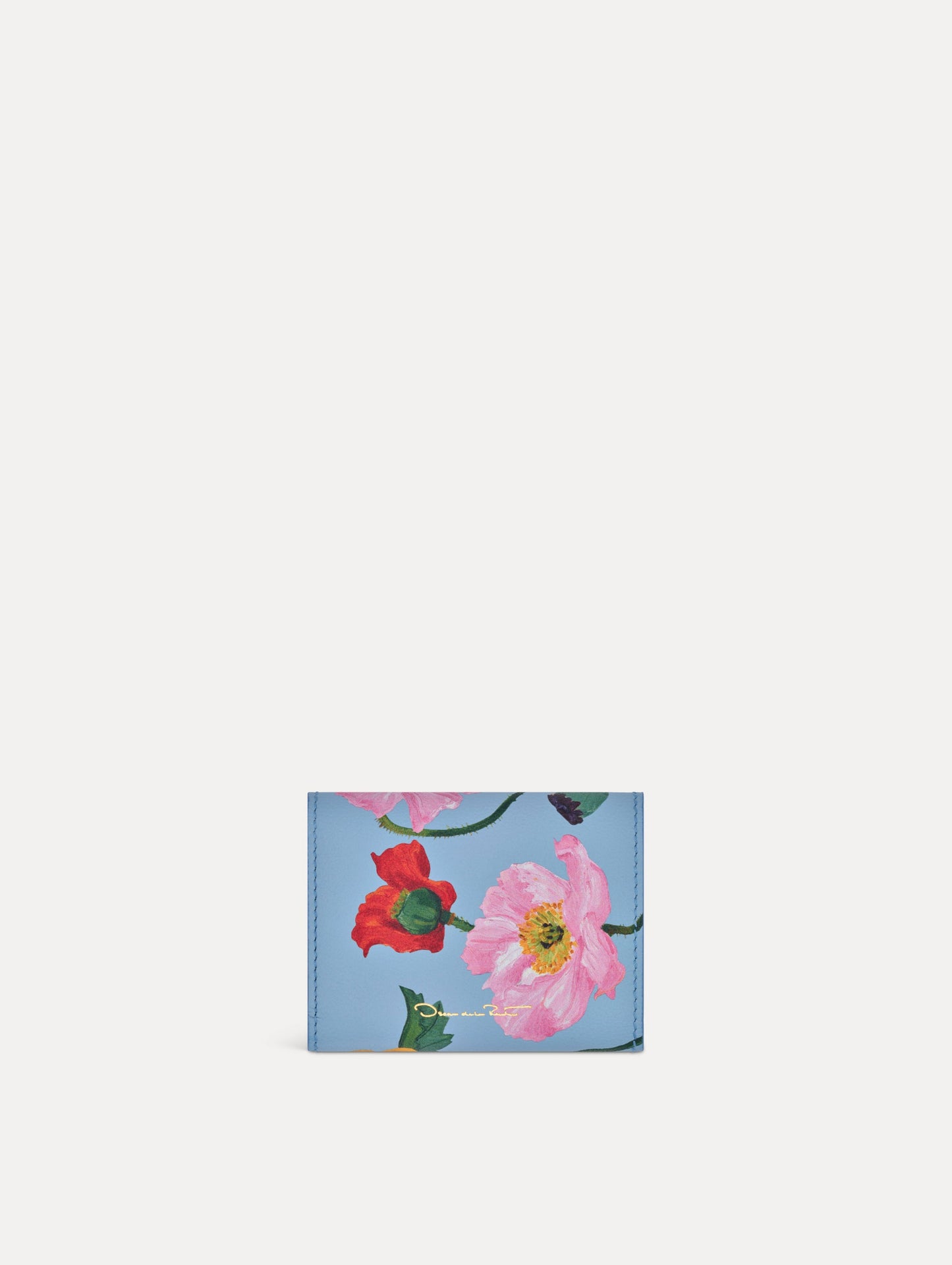 Blue Poppy Printed Tri-Fold Wallet featuring a gold O motif clasp and pink, red, and orange floral poppy motifs. Back View.