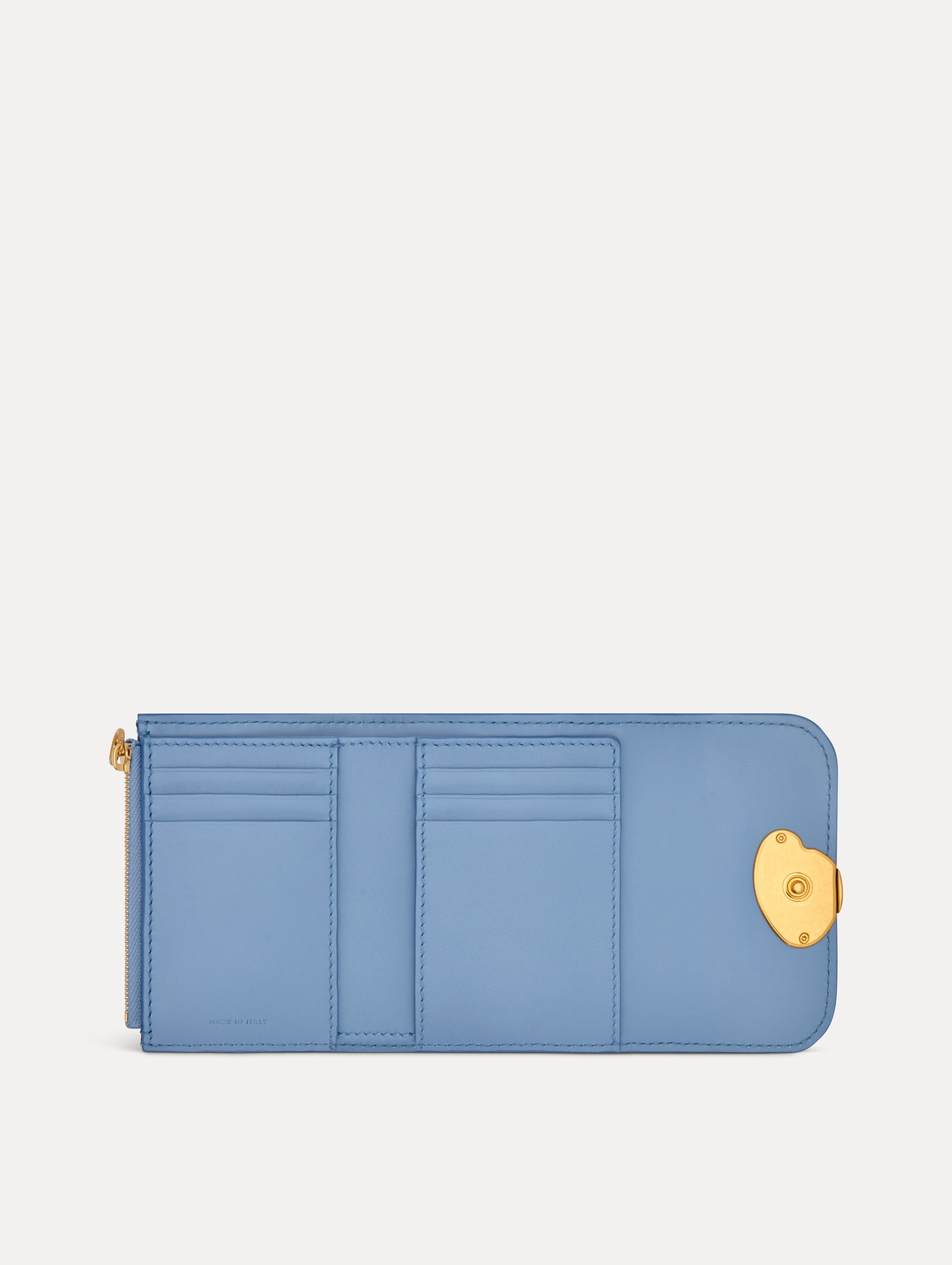 Blue Poppy Printed Tri-Fold Wallet featuring a gold O motif clasp and pink, red, and orange floral poppy motifs. Zoom View.