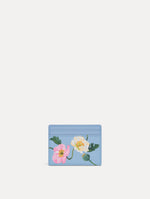 Blue Poppy Printed Card case featuring white and pink poppy floral motifs. Front View.