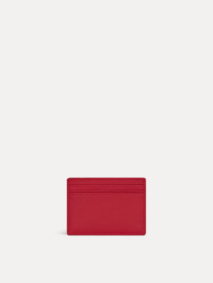 Red card case featuring gold printed Oscar de la Renta logo on back. Front View.