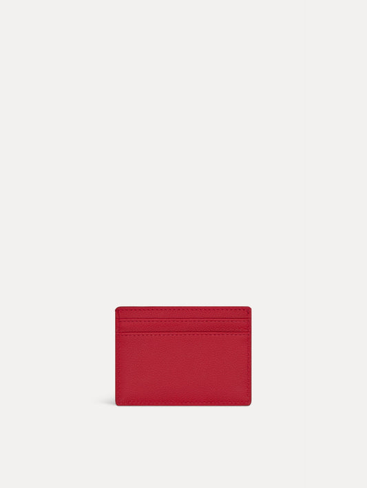 Red card case featuring gold printed Oscar de la Renta logo on back. Front View.