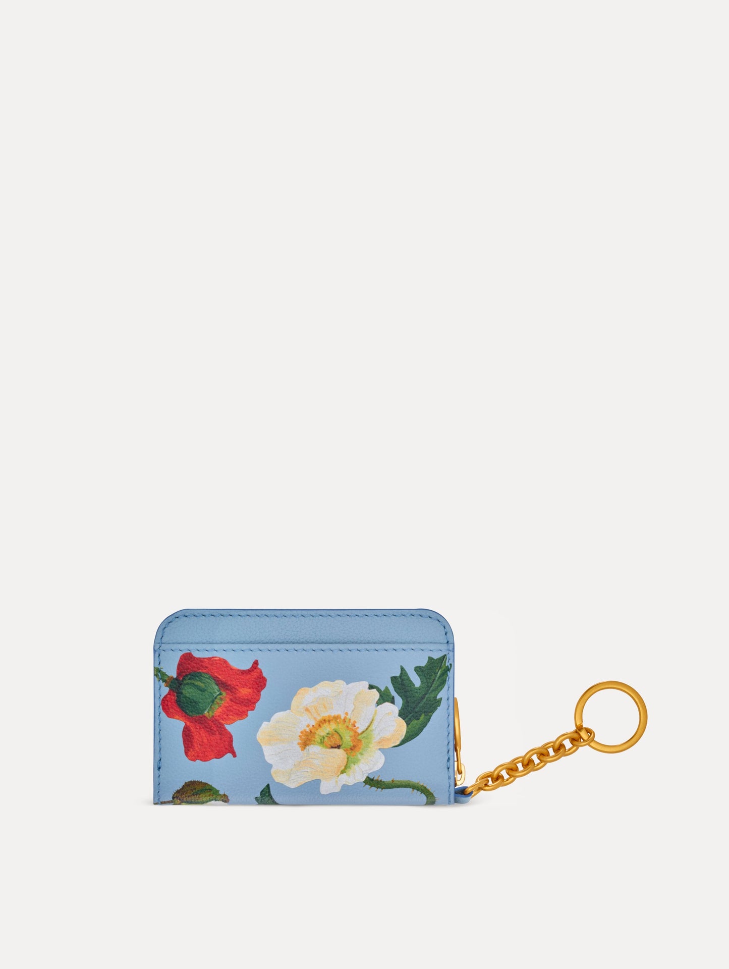 Blue Poppy Printed Zip Card case with white and red floral motifs and gold hardware. Front View.
