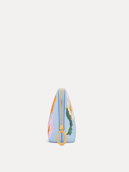 Blue Poppy Printed Medium Cosmetics Case with gold hardware and pink, yellow, white, and red Poppy print. Side View.