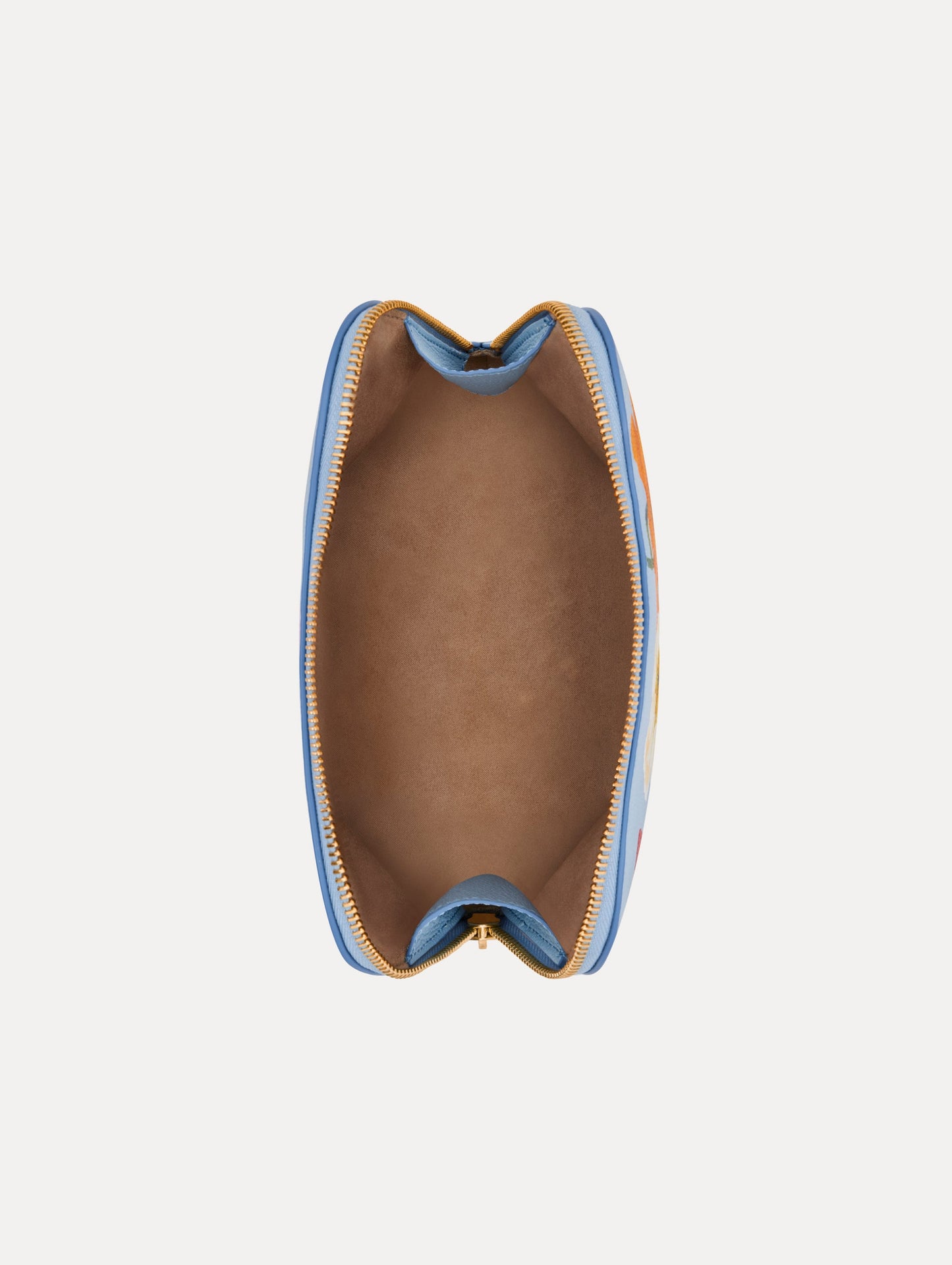 Blue Poppy Printed Medium Cosmetics Case with gold hardware and pink, yellow, white, and red Poppy print. Top View.
