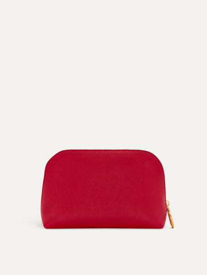 Red Medium Cosmetics case with Gold Hardware featuring an O motif zipper. Front View.