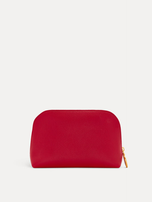 Red Medium Cosmetics case with Gold Hardware featuring an O motif zipper. Front View.