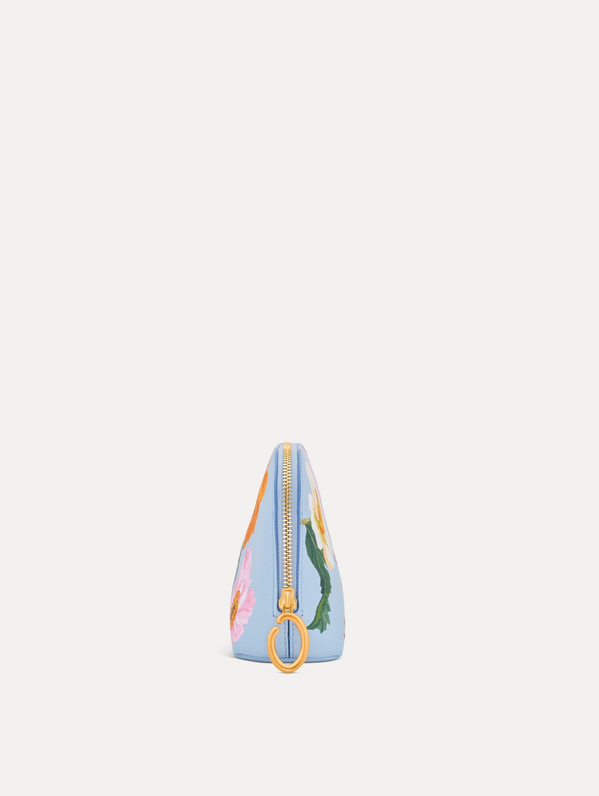 Blue Poppy Printed Small Cosmetics Case with gold hardware and pink, yellow, white, and red Poppy print. Side View.