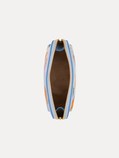 Blue Poppy Printed Small Cosmetics Case with gold hardware and pink, yellow, white, and red Poppy print. Top View.