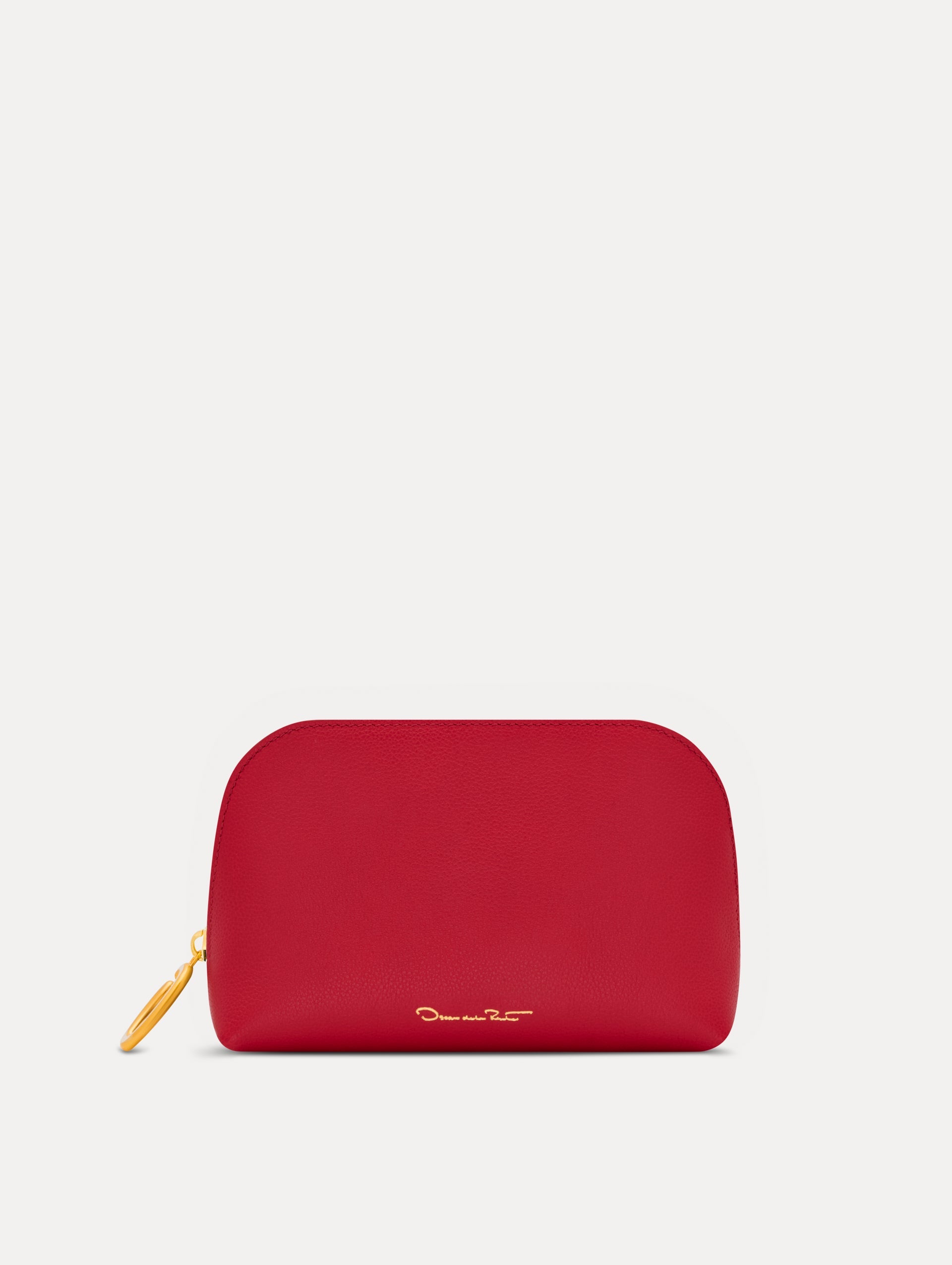 Red Small Cosmetics case in leather with gold hardware featuring an O motif zipper. Front View.
