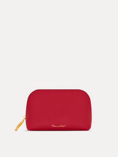 Red Small Cosmetics case in leather with gold hardware featuring an O motif zipper. Front View.