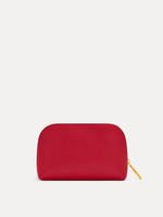 Red Small Cosmetics case in leather with gold hardware featuring an O motif zipper. Back View.