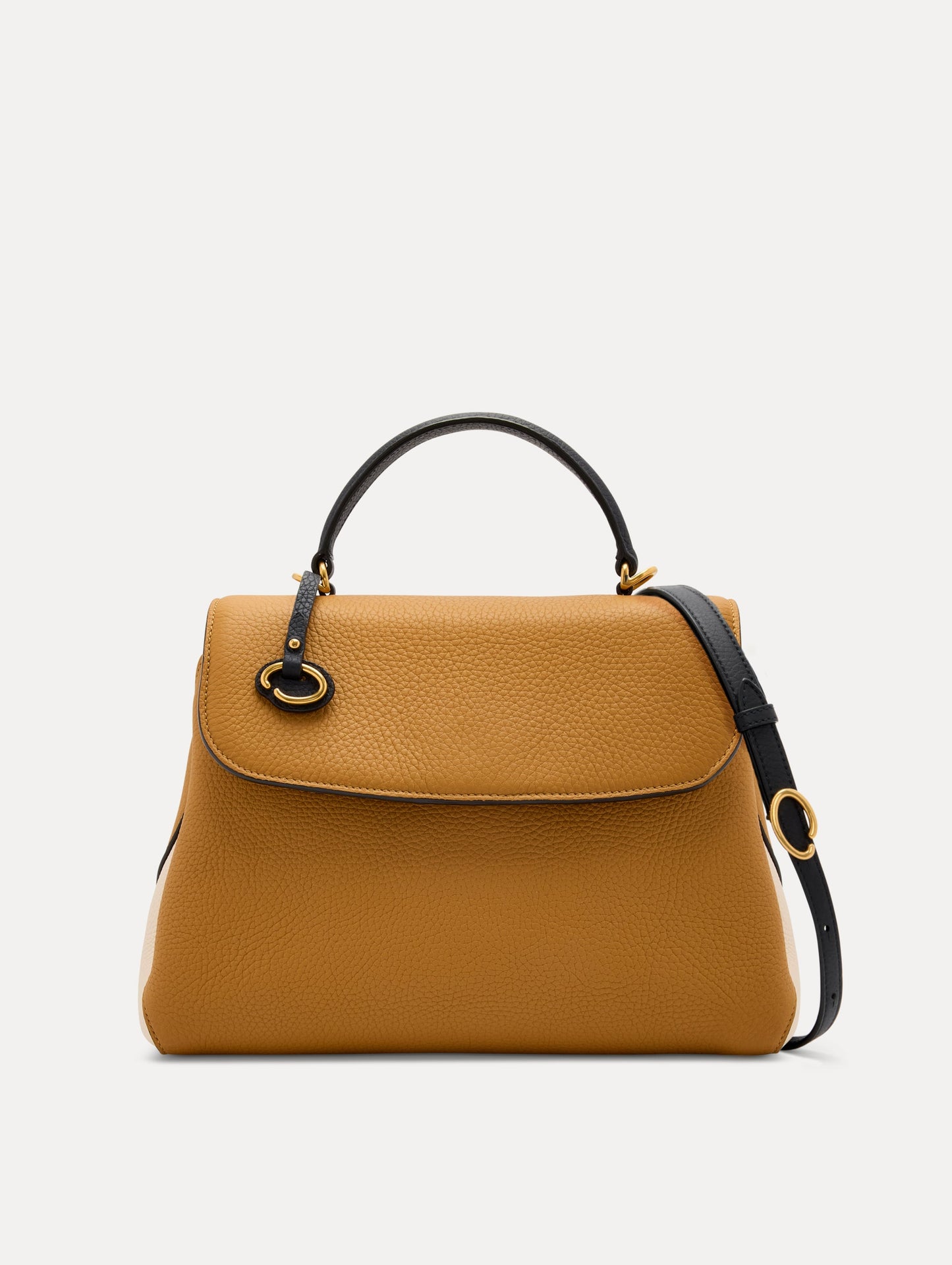 The Poppy Handbag in Honey with Black Top Handle and removeable shoulder strap. Adorned with Oscar de la Renta's signature O at the ornamental bag tag. Front View