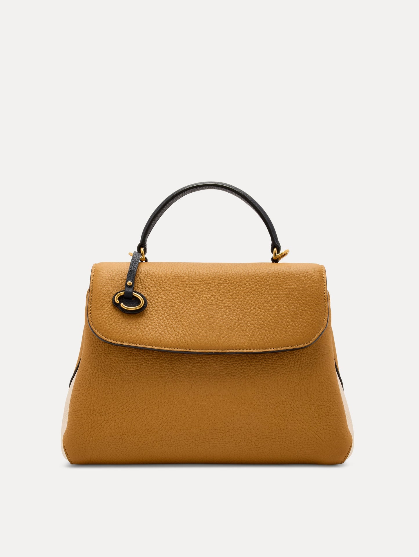 The Poppy Handbag in Honey with Black Top Handle. Adorned with Oscar de la Renta's signature O at the ornamental bag tag. Front View