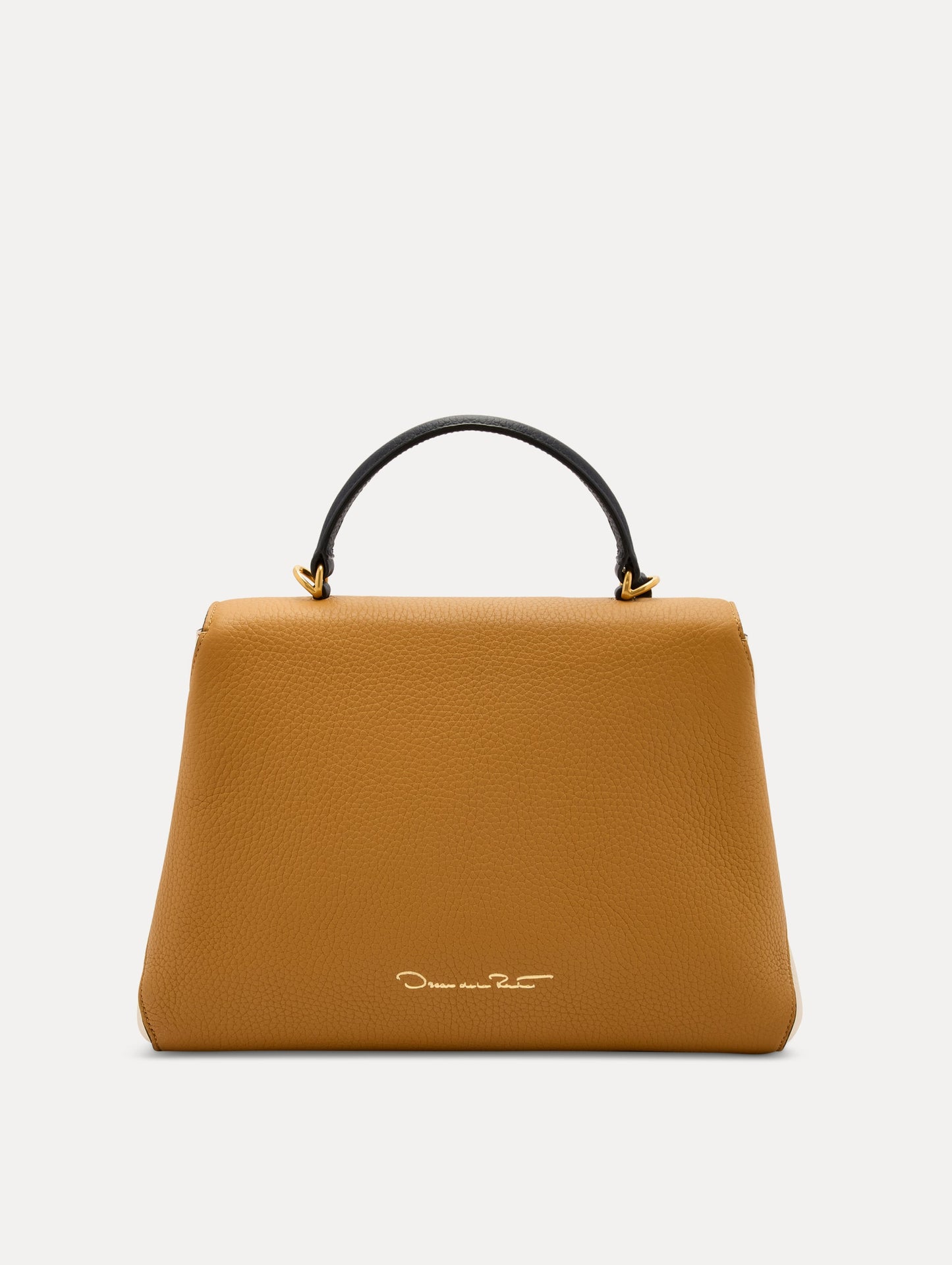 The Poppy Handbag in Honey with Black Top Handle and Oscar de la Renta Signature Logo Discreetly placed in the Bottom Center. Back View