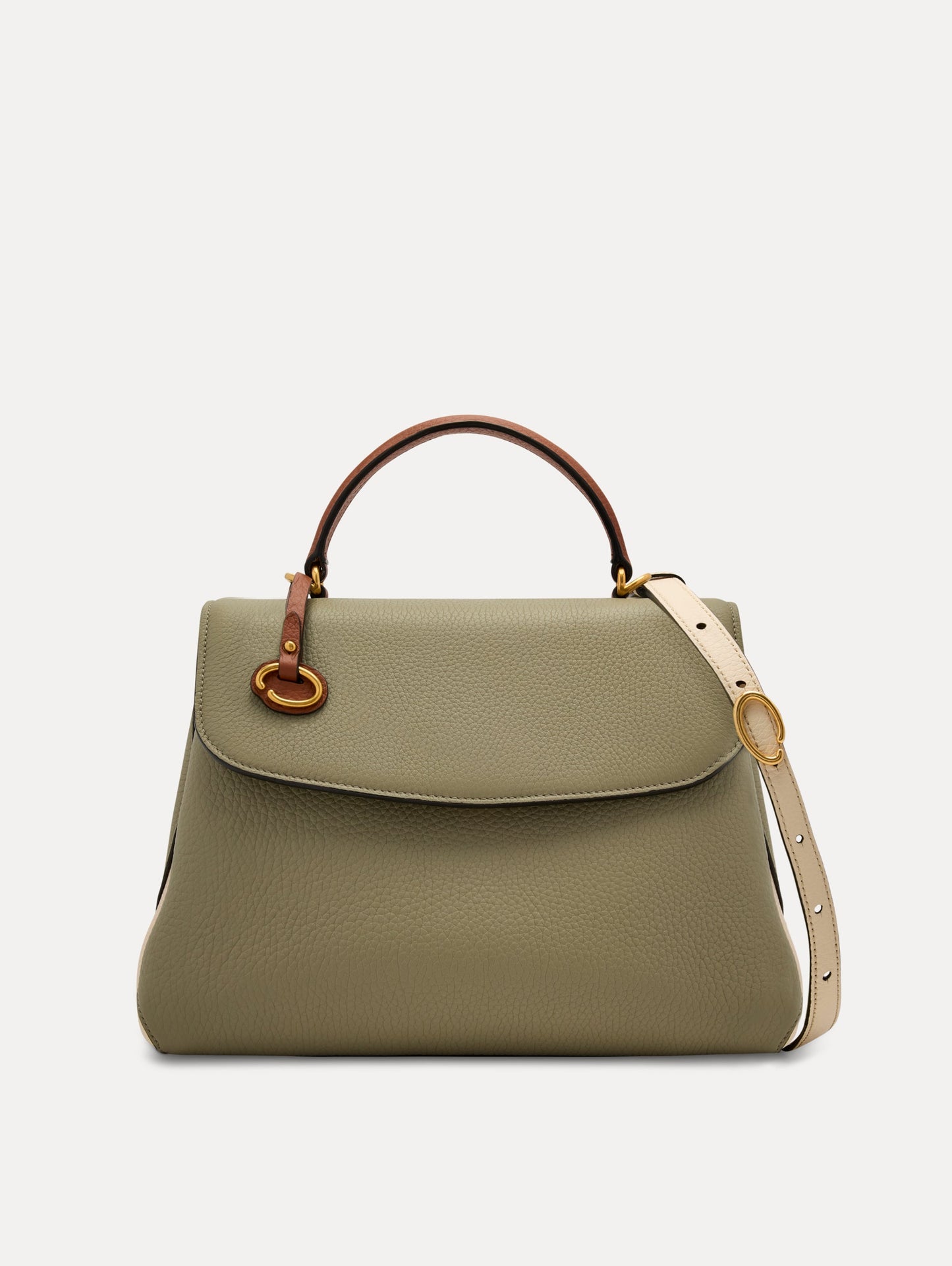 The Poppy Handbag in Sage Green with Brown Top Handle and white removeable shoulder strap. Adorned with Oscar de la Renta's signature O at the ornamental bag tag. Front View