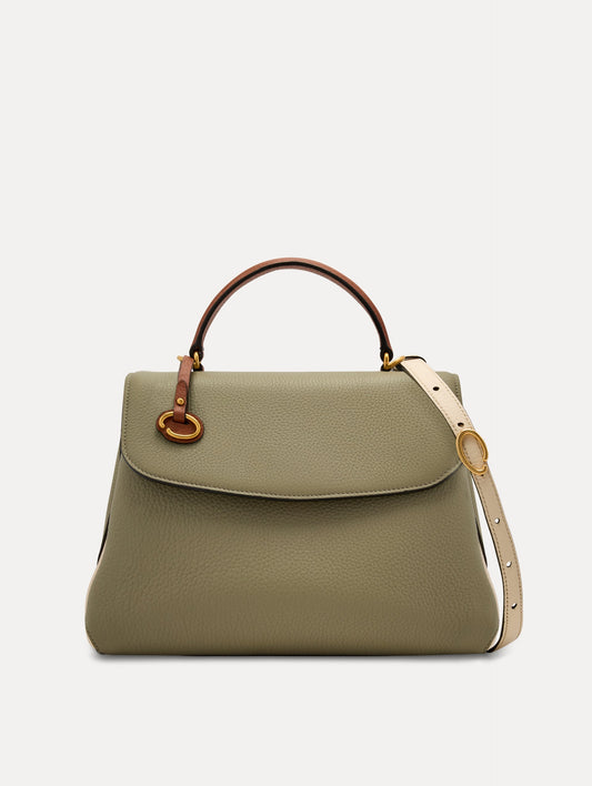 The Poppy Handbag in Sage Green with Brown Top Handle and white removeable shoulder strap. Adorned with Oscar de la Renta's signature O at the ornamental bag tag. Front View