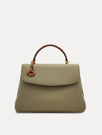 The Poppy Handbag in Sage Green with Brown Top Handle. Adorned with Oscar de la Renta's signature O at the ornamental bag tag. Front View