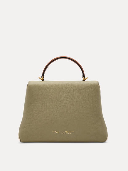 The Poppy Handbag in Sage Green with Brown Top Handle and Oscar de la Renta Signature Logo Discreetly placed in the Bottom Center. Back View