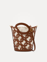 Cognac Oscar Chain-Link Leather Tote, formed by interlocking 'O' emblems and a large 'O' forms the top handle, with a removable interior pouch. Front View