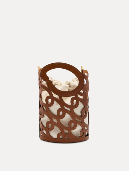 Cognac Oscar Chain-Link Leather Tote, formed by interlocking 'O' emblems and a large 'O' forms the top handle, with a removable interior pouch. Front View