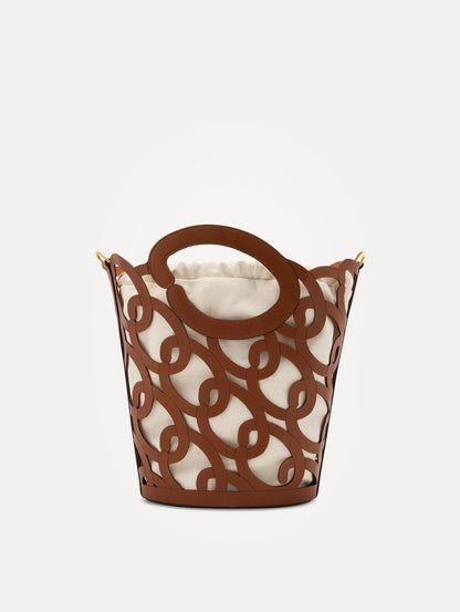 Cognac Oscar Chain-Link Leather Tote, formed by interlocking 'O' emblems and a large 'O' forms the top handle, with a removable interior pouch. Side View