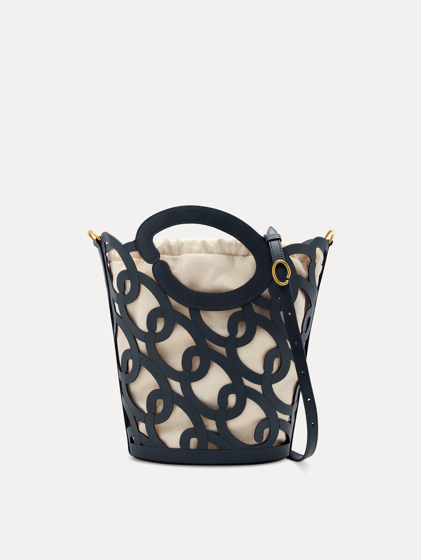 Navy Oscar Chain-Link Leather Tote, formed by interlocking 'O' emblems and a large 'O' forms the top handle, with a removable interior pouch. Front View