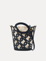 Navy Oscar Chain-Link Leather Tote, formed by interlocking 'O' emblems and a large 'O' forms the top handle, with a removable interior pouch. Front View
